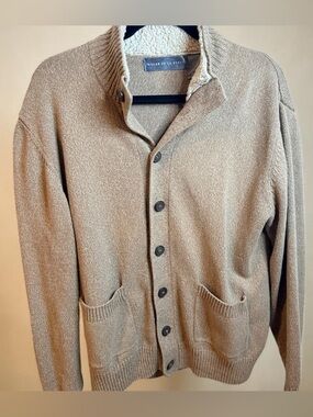 Oscar de la Renta Men’s Tan-Brown Shawl Collar Button 100% Cotton Cardigan